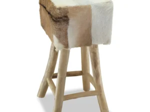 Taburet de bar, piele naturală și lemn masiv de tec