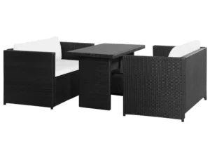 Set mobilier de grădină cu perne, 3 piese, negru, poliratan