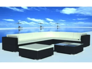 Set mobilier de grădină cu perne, 8 piese, negru, poliratan