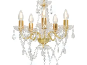 Candelabru cu mărgele de cristal, auriu, rotund, 5 x E14