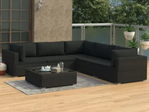 Set mobilier de grădină cu perne, 6 piese, negru, poliratan