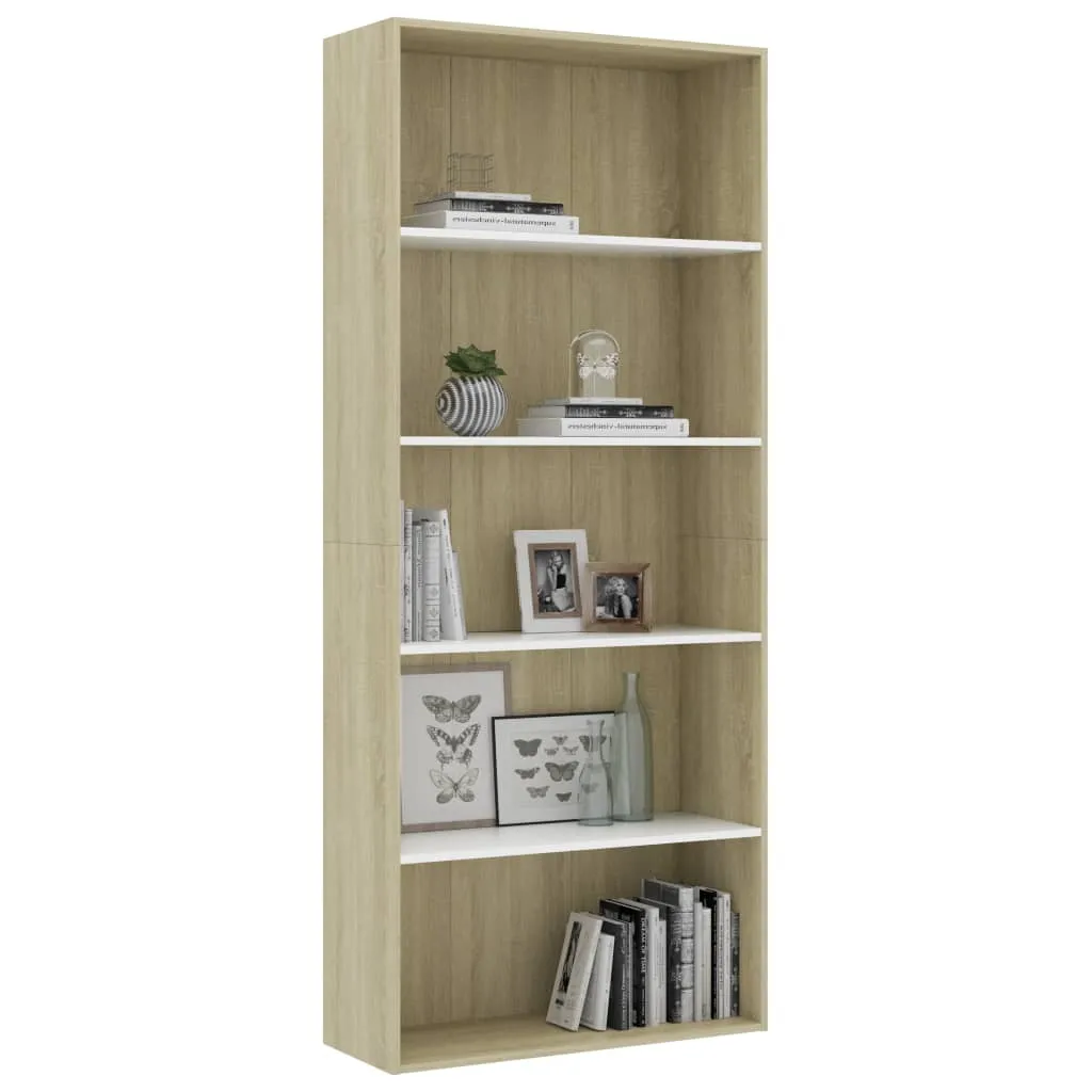 Bibliotecă cu 5 rafturi, alb & stejar sonoma, 80x30x189 cm, PAL - imagine 3