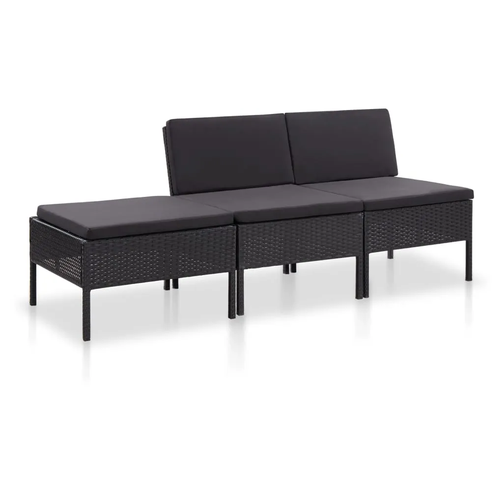 Set mobilier de grădină cu perne, 3 piese, negru, poliratan
