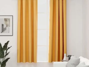 Draperii opace aspect in, cu ocheți, 2 buc., galben, 140x175 cm