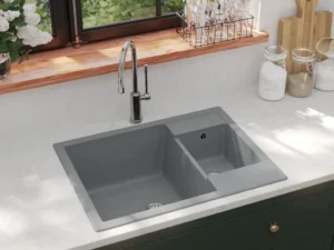 Chiuvetă de bucătărie dublă cu orificiu de preaplin, gri granit