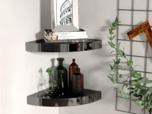 Rafturi colț perete, 2 buc., negru extralucios 25x25x3,8 cm MDF