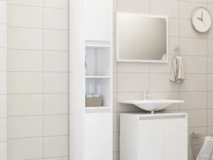 Set mobilier de baie, 3 piese, alb extralucios, lemn prelucrat