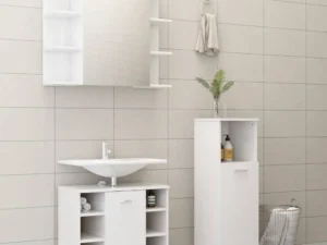 Set mobilier de baie, 3 piese, alb extralucios, lemn prelucrat