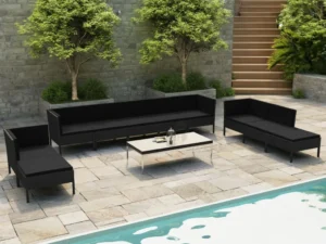 Set mobilier de grădină cu perne, 10 piese, negru, poliratan