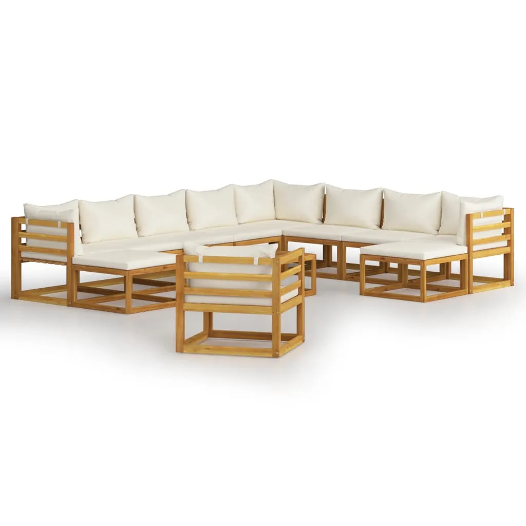 Set mobilier grădină cu perne 12 piese crem, lemn masiv acacia - imagine 2