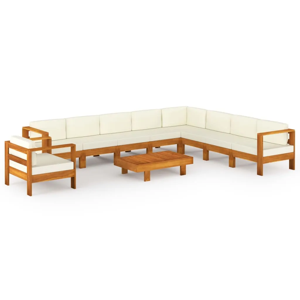 Set mobilier grădină perne alb crem, 10 piese lemn masiv acacia - imagine 2