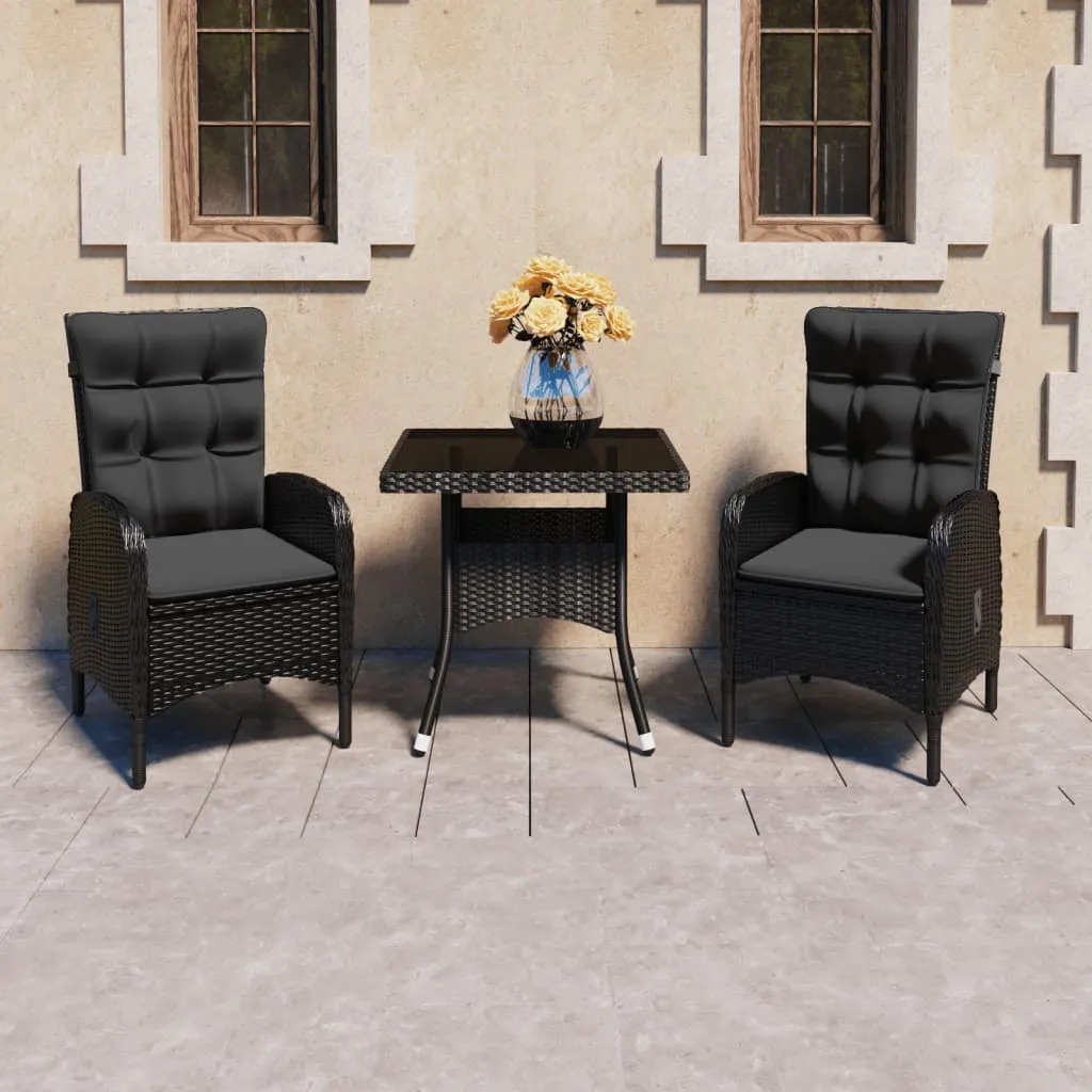 Set mobilier grădină, 3 piese, negru, poliratan și sticlă