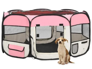 Țarc de câini pliabil cu sac de transport, roz, 145x145x61 cm