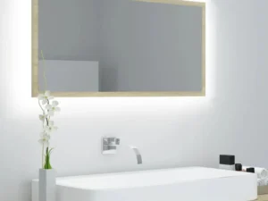Oglindă de baie cu LED, stejar sonoma, 90x8,5x37 cm, acril