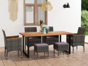 Set de masă pentru grădină cu perne, 7 piese, gri, poliratan