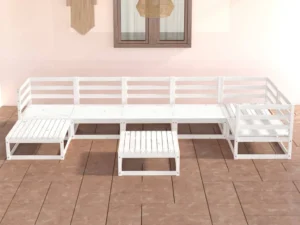 Set mobilier de grădină, 8 piese, alb, lemn masiv de pin