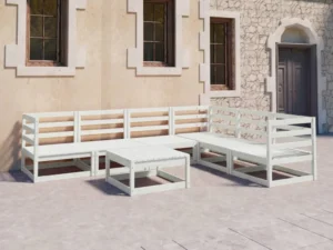 Set mobilier de grădină, 7 piese, alb, lemn masiv de pin