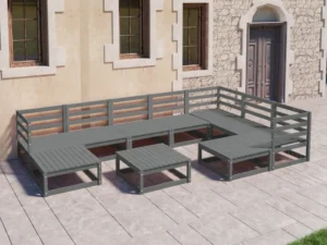 Set mobilier de grădină, 10 piese, gri, lemn masiv de pin