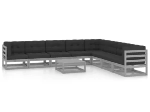 Set mobilier grădină cu perne, 9 piese, gri, lemn masiv de pin