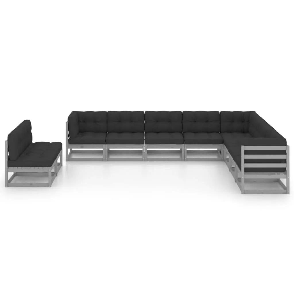 Set șezlonguri grădină cu perne, 10 piese, gri, lemn masiv pin - imagine 2