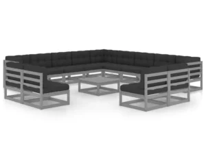 Set mobilier grădină cu perne, 14 piese, gri, lemn masiv de pin
