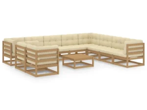Set mobilier grădină cu perne, 11 piese, maro, lemn masiv pin