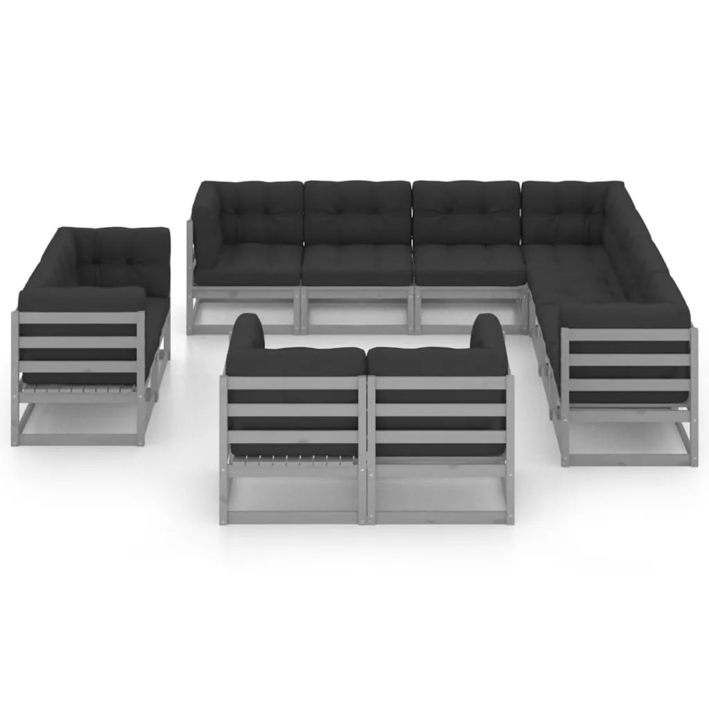 Set mobilier grădină cu perne, 11 piese, gri, lemn masiv de pin - imagine 3