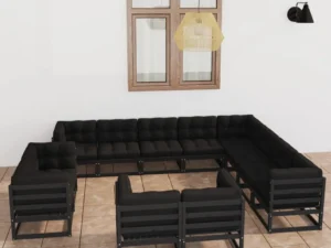 Set mobilier grădină cu perne, 12 piese, negru, lemn masiv pin