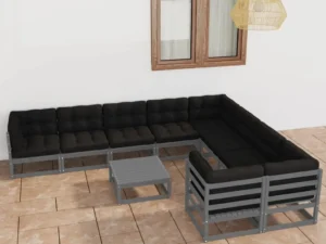 Set șezlonguri grădină cu perne, 10 piese, gri, lemn masiv pin