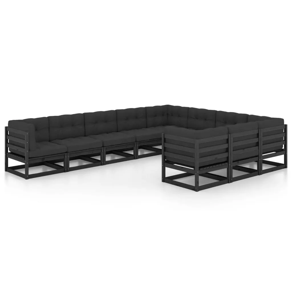 Set mobilier grădină cu perne, 10 piese, negru, lemn masiv pin - imagine 2