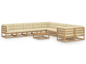 Set mobilier grădină cu perne, 11 piese, maro, lemn masiv pin