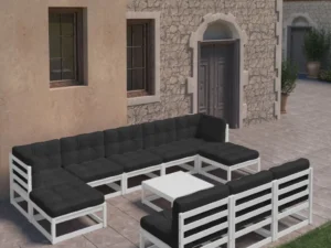 Set mobilier grădină cu perne, 11 piese, alb, lemn masiv pin