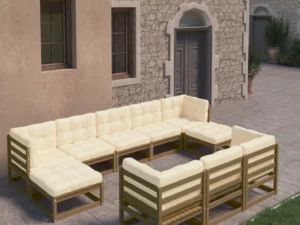 Set mobilier grădină perne, 10 piese, maro miere lemn masiv pin