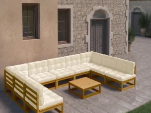 Set mobilier grădină perne, 10 piese, maro miere lemn masiv pin