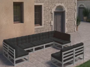 Set mobilier grădină cu perne, 9 piese, gri, lemn masiv de pin