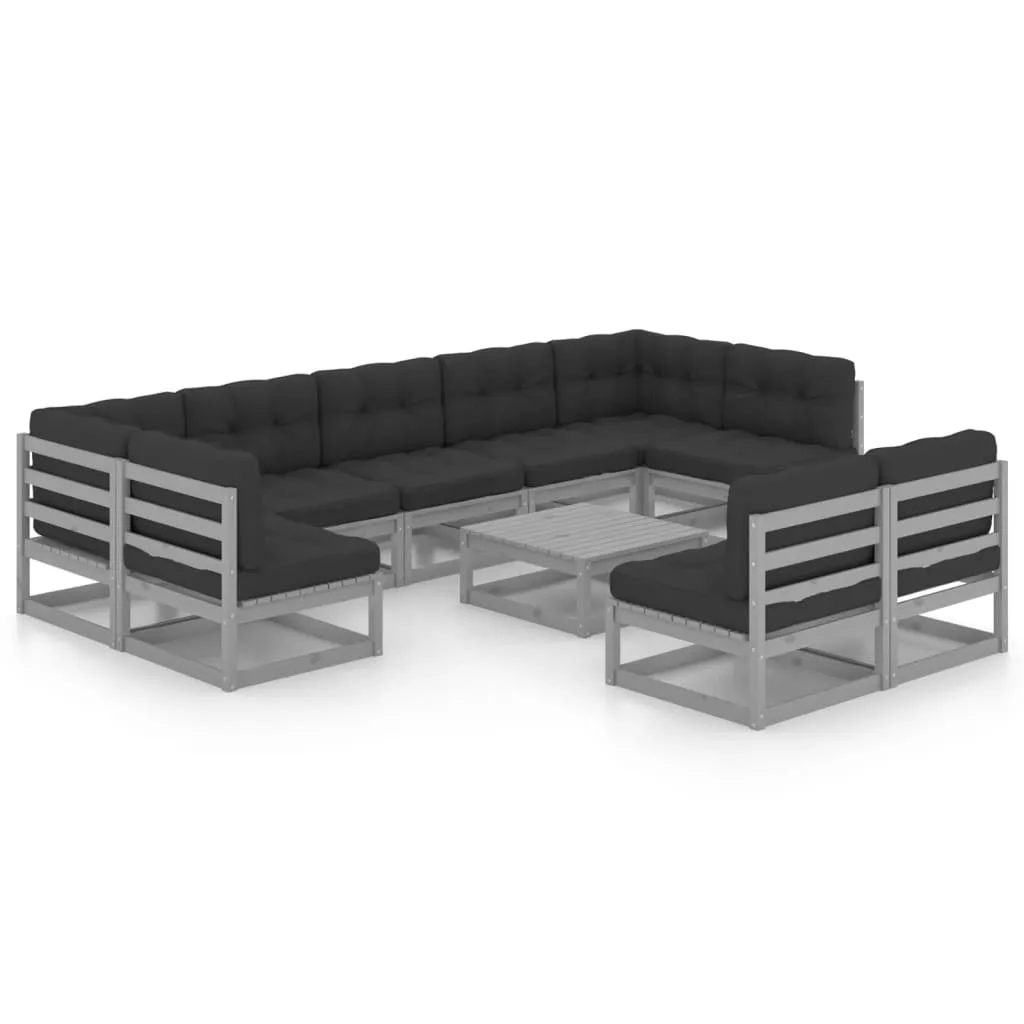 Set șezlonguri grădină cu perne, 10 piese, gri, lemn masiv pin - imagine 2