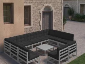 Set șezlonguri grădină cu perne, 10 piese, gri, lemn masiv pin
