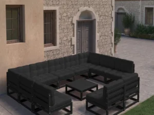 Set mobilier grădină cu perne, 10 piese, negru, lemn masiv pin