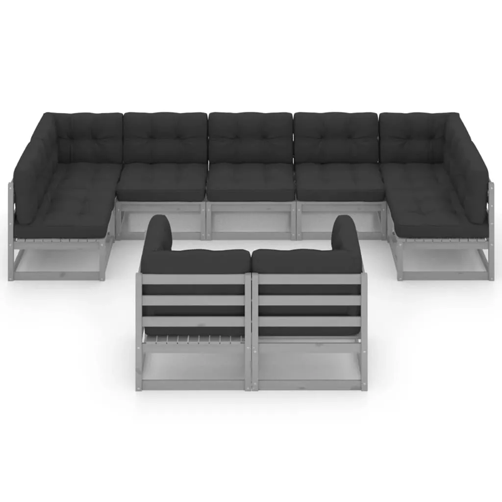 Set mobilier grădină cu perne, 9 piese, gri, lemn masiv de pin - imagine 3