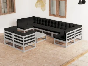 Set șezlonguri grădină cu perne, 10 piese, gri, lemn masiv pin