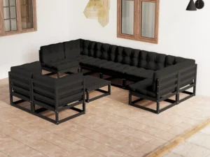 Set mobilier grădină cu perne, 10 piese, negru, lemn masiv pin