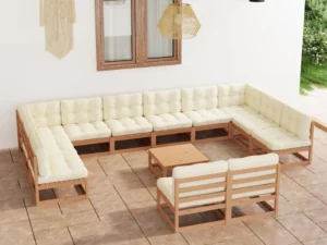Set mobilier grădină cu perne, 13 piese, maro, lemn masiv pin