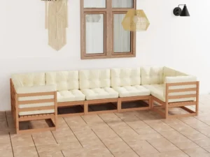 Set mobilier grădină perne, 7 piese, maro miere lemn masiv pin