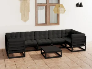 Set mobilier grădină cu perne, 8 piese, negru, lemn masiv pin