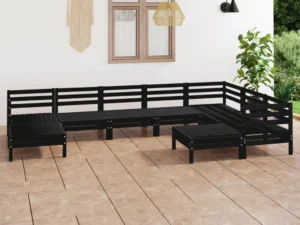 Set mobilier de grădină, 9 piese, negru, lemn masiv de pin