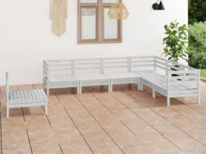 Set mobilier de grădină, 7 piese, alb, lemn masiv de pin
