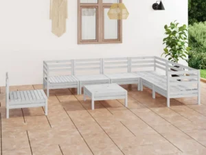 Set mobilier de grădină, 8 piese, alb, lemn masiv de pin