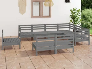 Set mobilier de grădină, 9 piese, gri, lemn masiv de pin