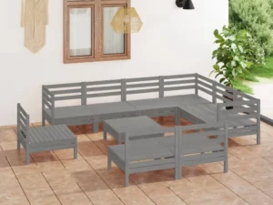 Set mobilier de grădină, 10 piese, gri, lemn masiv de pin