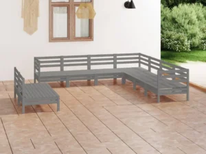 Set mobilier de grădină, 9 piese, gri, lemn masiv de pin